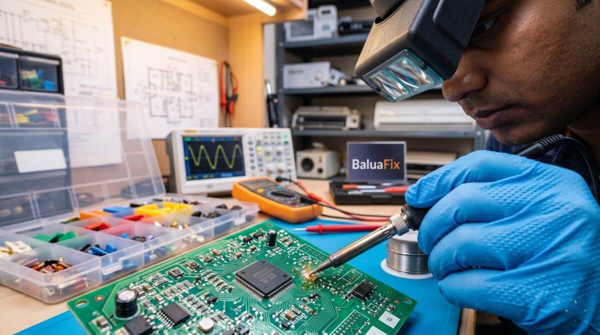 AC PCB circuit board being repaired by BaluaFix technician in Vadodara – component level repair