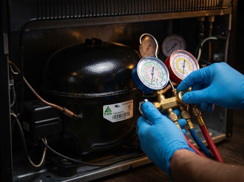 BaluaFix technician repairing frost-free refrigerator defrost heater in Vadodara home